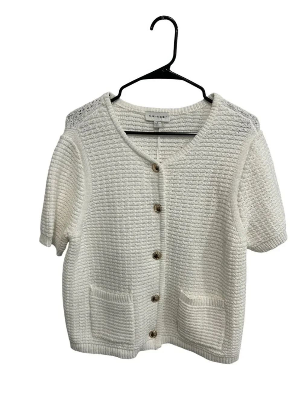 Free Assembly Large White Waffle Knit Short Sleeve Cardigan Cottagecore NWT